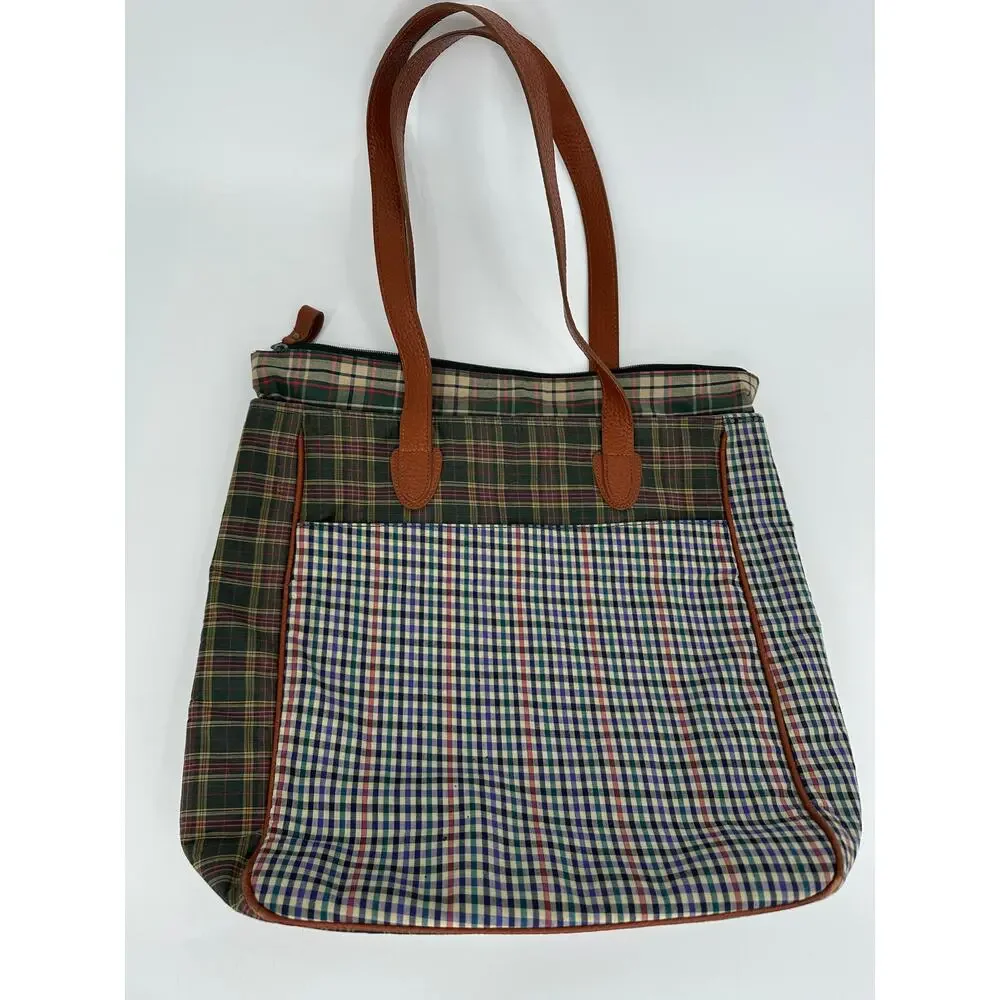 Vintage Fossil Canvas Tote Mixed Plaid Cognac Leather Trim Y2K Zip Top